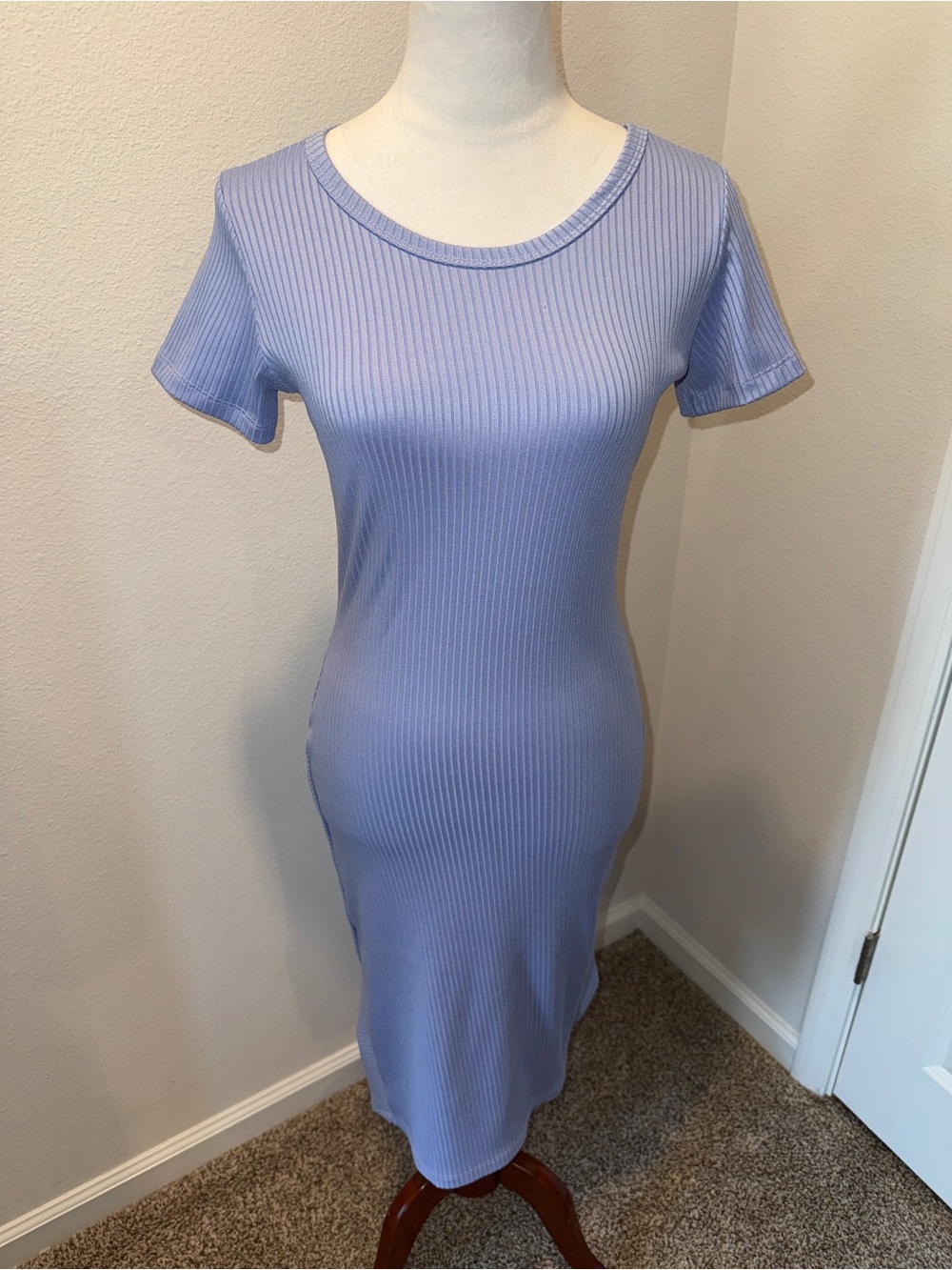 Blue Slim Ribbed Short-Sleeve Midi Dress M